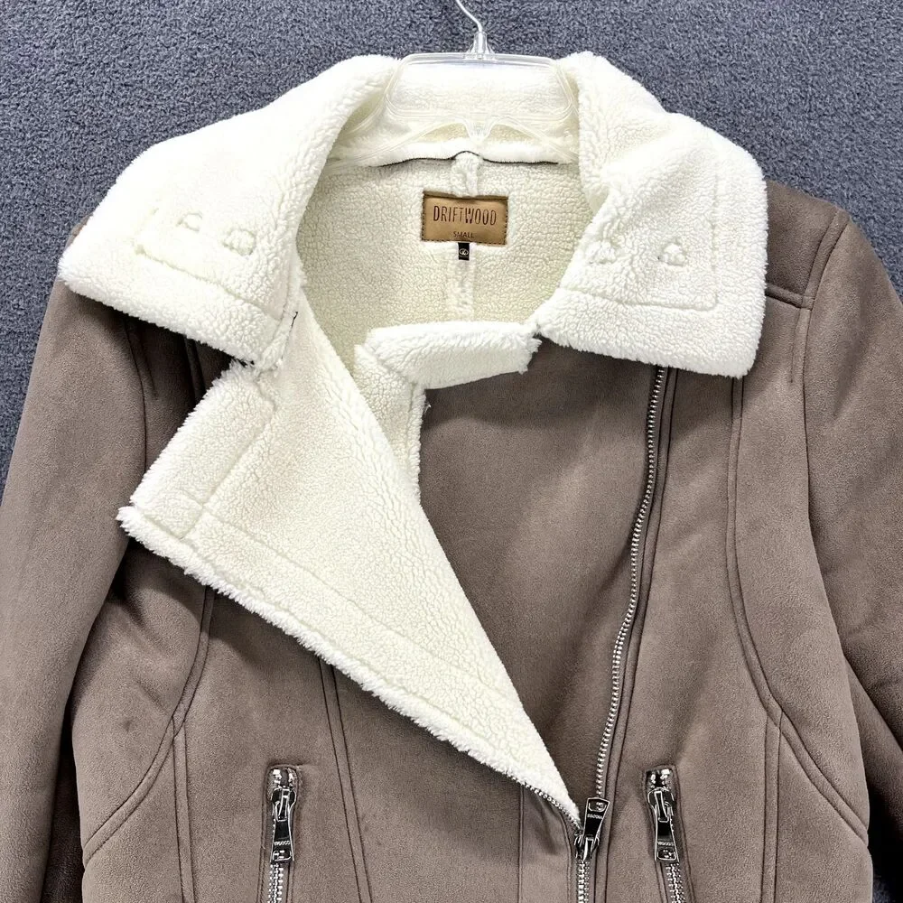 DRIFTWOOD Jacket womens Small faux suede beige embroidered sleeves Fleece lined - Picture 14 of 16